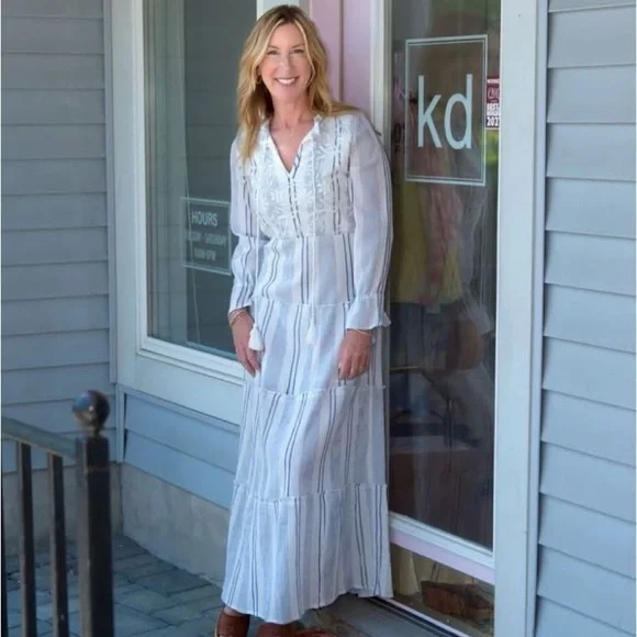 NWT RAGA Fleri White and Blue Striped Floral Embroidered Tie Long Sleeve Dress - Picture 1 of 13